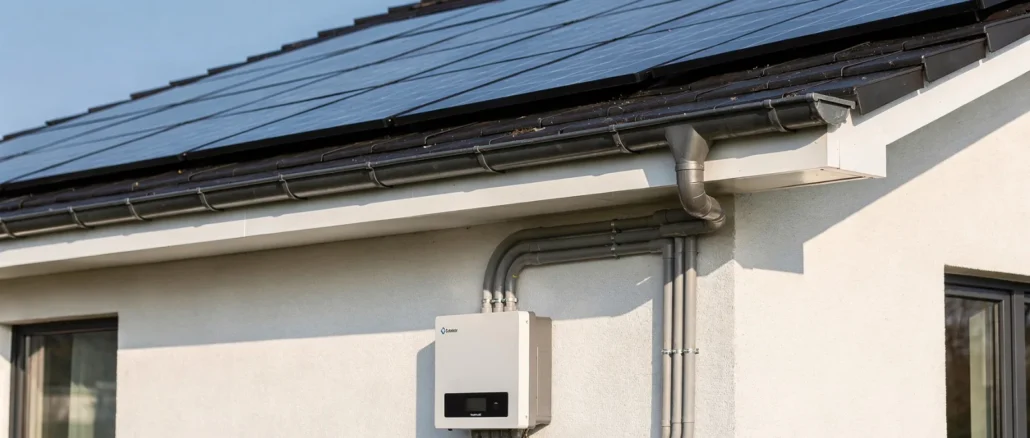 Photovoltaik-Module auf einem Hausdach mit Wechselrichter und Anschlusskabeln für Solarstrom.