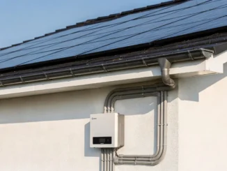 Photovoltaik-Module auf einem Hausdach mit Wechselrichter und Anschlusskabeln für Solarstrom.