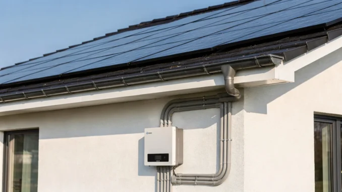 Photovoltaik-Module auf einem Hausdach mit Wechselrichter und Anschlusskabeln für Solarstrom.