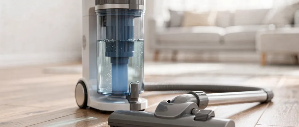 Vivenso Wasserstaubsauger mit Wasserfilter-Behälter und Bodendüse in heller Wohnumgebung