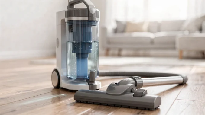 Vivenso Wasserstaubsauger mit Wasserfilter-Behälter und Bodendüse in heller Wohnumgebung
